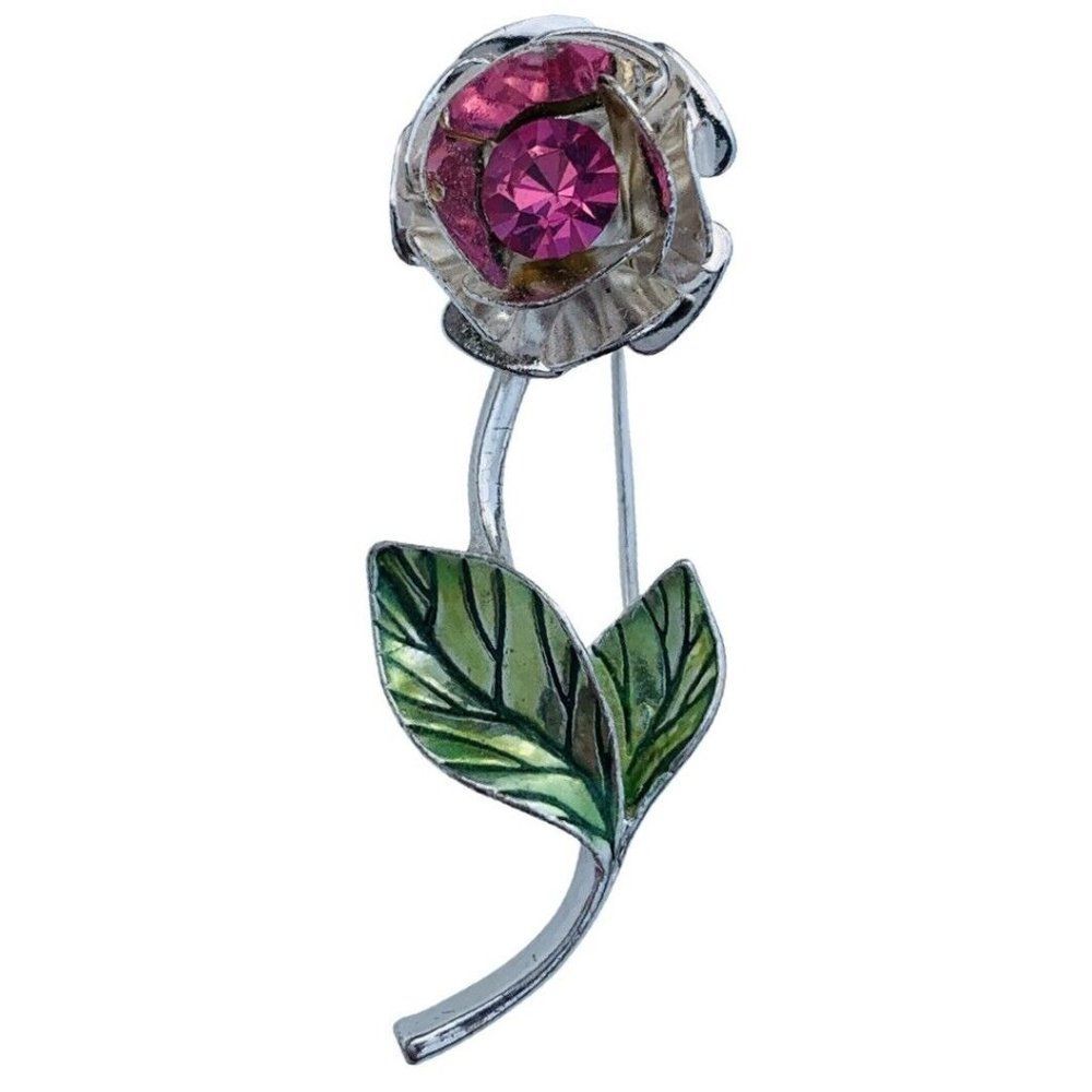 Vintage AVON Pink Shimmer Rhinestone Rose Silver Tone Brooch Pin - Picture 4 of 6